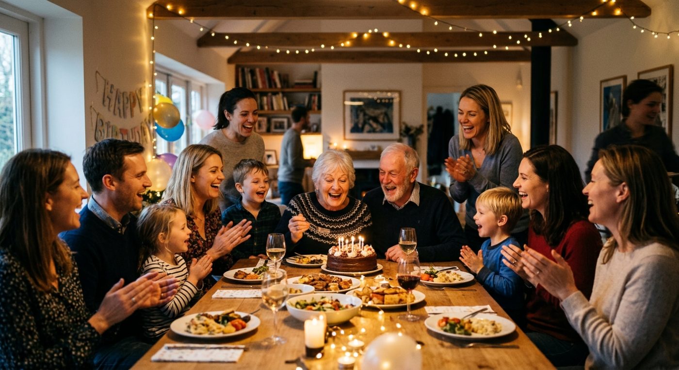 A multi-generational family gathered around a birthday cake, laughing and clapping