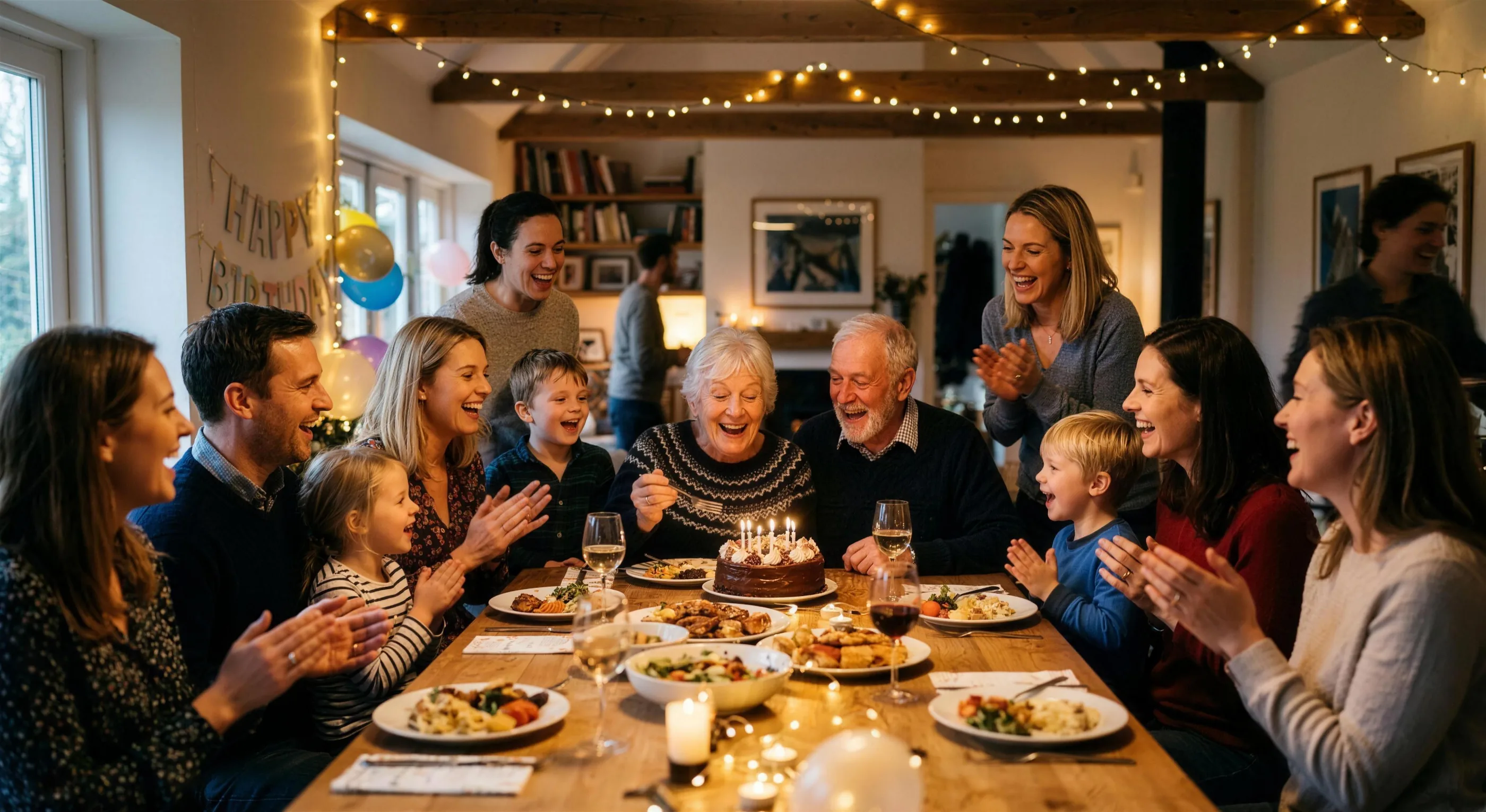 A multi-generational family gathered around a birthday cake, laughing and clapping