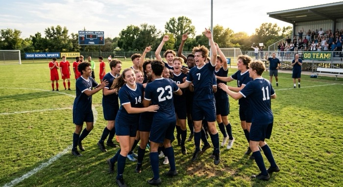 A high school soccer team celebrating a win on the field