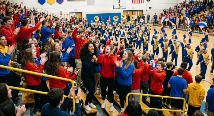 A school pep rally with the marching band and a cheering crowd