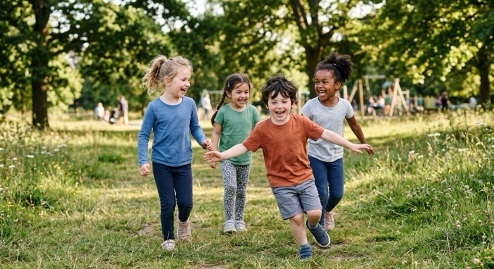 Young children running and laughing together outdoors
