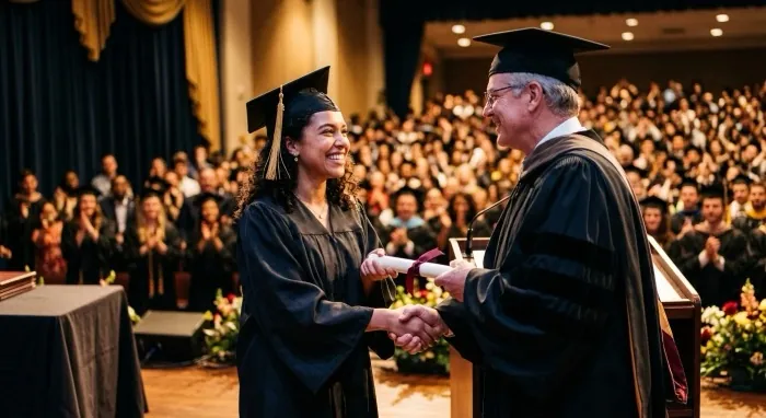 A university graduate shaking hands as she receives her diploma on stage