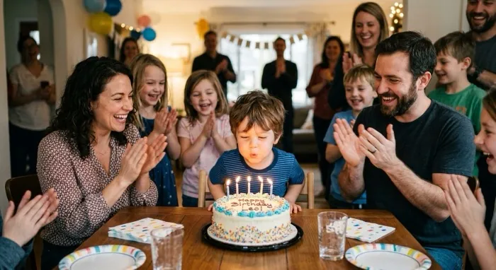 A young boy blowing out the candles on his birthday cake as friends clap